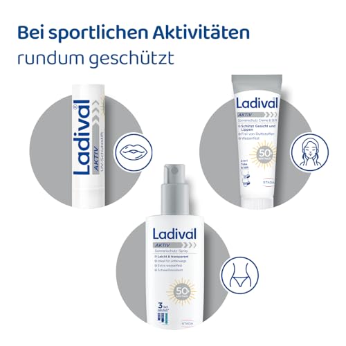 Ladival Aktiv UV-Schutzstift Lippen LSF 50+ - Sonnencreme für trockene Lippen, zarte Lippenhaut, mit Jojoba-Öl, feuchtigkeitsspendend, wasserfest, UVA- und UVB-Schutz, 4,8g