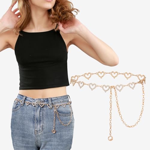 Waist Chain Belts for Women Adjustable Rhinestone Metal Link Belt Gold Silver O-Ring Chain Belt for Jeans Dresses