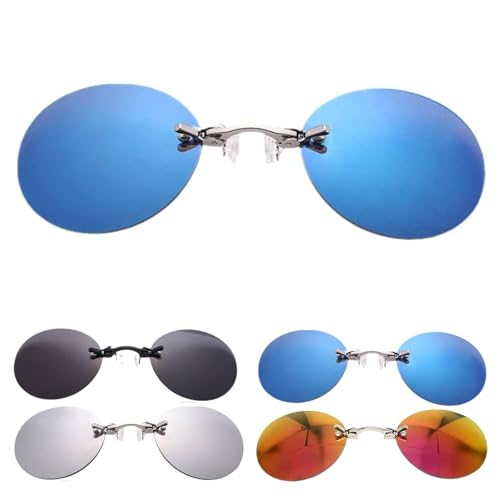 Generic Retro Round Clip on Nose Glasses Movie Rimless Sunglasses Men, Gift for Boyfirend(Blue)