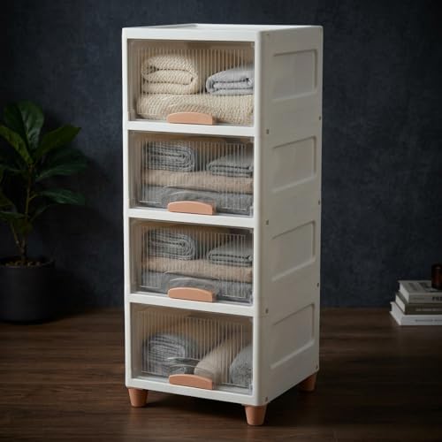 Image of Ash & Roh Multi-Layer Plastic Storage Cabinet with Transparent Flip Door | Space Saving Organizer for Kitchen, Bedroom, Office | Foldable Stackable Storage Unit with Legs | (4-Tier + 4-Tier White Box)