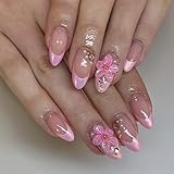 Press on Bogus Stakes Margarite Rose French Manner Short Mandel Tips Depth Floral Art Denial Tools Needed ABS Denial Tool Required Bogus Stakes