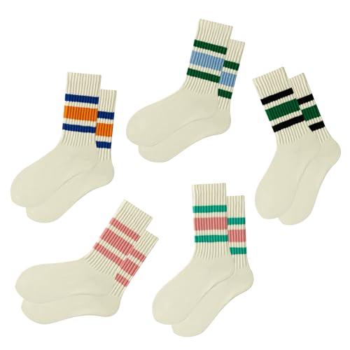 DarkCom Striped Crew Socks 5 Pairs Seamless Toe for Men and Women, Color of Light Cream, Casual Comfort