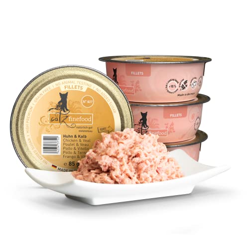 catz finefood Katzenfutter nass feine Filets No. 407 Huhn & Kalb in Jelly - getreidefreies Nassfutter für Ihre Katze ohne Zucker - Katzennassfutter vom Feinste in Gelee, 85 g (12 er Pack)