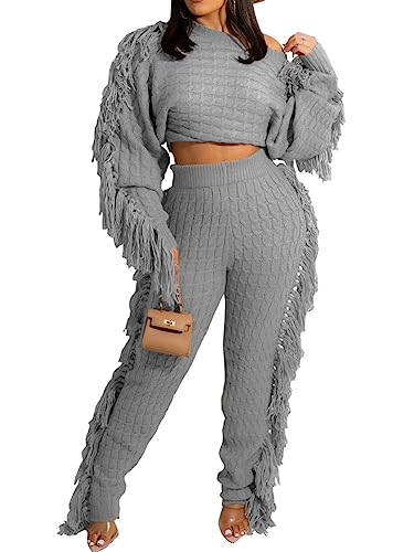 Image of KANSOON Sweater Sets for Women 2 Piece Outfits Knit Tassels Solid Color Long Sleeve Crop Sweaters Long Pants Sweatsuit