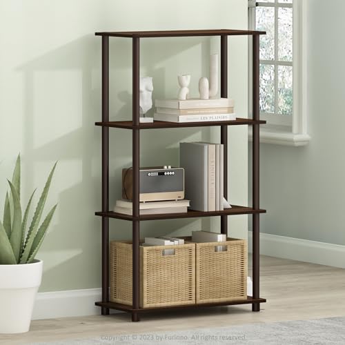 Image of Furinno Turn-N-Tube Storage Shelves, 4-Tier Toolless Book Shelf, Corner Shelf, Open Shelves, for Organization and Storage, Living Room, Garage, Home Office, Walnut