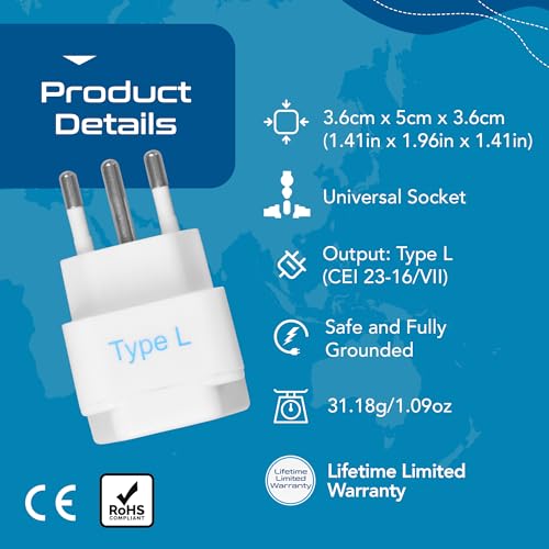Ceptics Adaptateur de Prise de Voyage Universel Italie, Chili (Type L) - Parfait pour Voyager à Rome - Chargez Vos téléphones Portables, Ordinateurs Portables, tablettes - - Pack de 3 (GP-12A-3PK) – vue 4