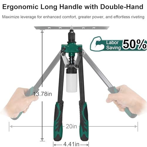 BILLION GOLD Heavy Duty Double Handle Rivet Gun, Professional Riveting Tool for Metal Working & Auto Repair, Handles 1/8” to 3/16” Rivets, with 3 Interchangeable Nosepieces & Storage Case