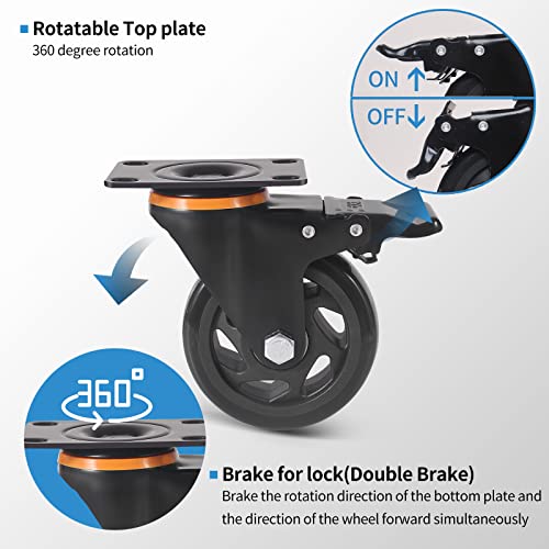 5 Inch Caster Wheels 2200Lbs, Casters Set Of 4, Heavy Duty Casters With Brake, Safety Dual Locking Industrial Casters, No Noise Wheels With Polyurethane Foam (Two Hardware Kits Included) #TOP3