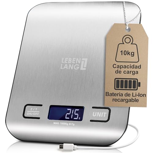 LEBENLANG Bascula cocina digital recargable USB - Hasta 10 kg & Incl.cable de carga I Balanza cocina precision Peso de comida Balança precisão para cozinha Food kitchen scale gramos Báscula alimentos