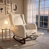HYNHXBP Fauteuil à Bascule, avec accoudoirs et Poches latérales, Chaise d'allaitement Ergonomique avec Coussins, Structure en Bois Massif, Chaise Longue pour Salon ou Chambre (Beige + Velours Givré)