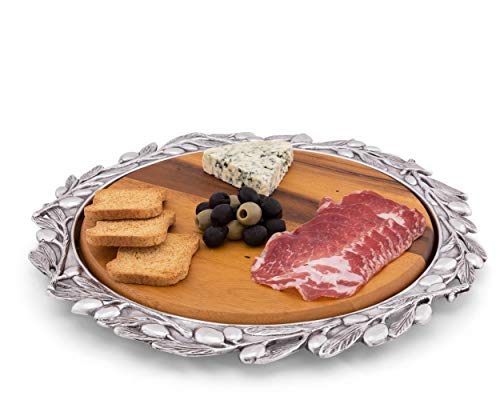 Arthur Court Sand-Cast Aluminum Pizza or Cheese Server with Wood Board; Olive Pattern Metal Holder 16 inch Diameter