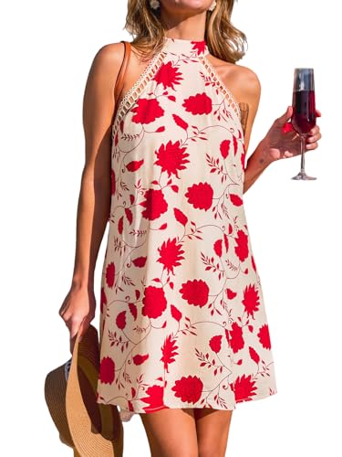 Image of CUPSHE Women Lace Trim Summer Dress Halter High Neck with Tie Backless A Line Lining Casual Sundress Holiday Mini Dress