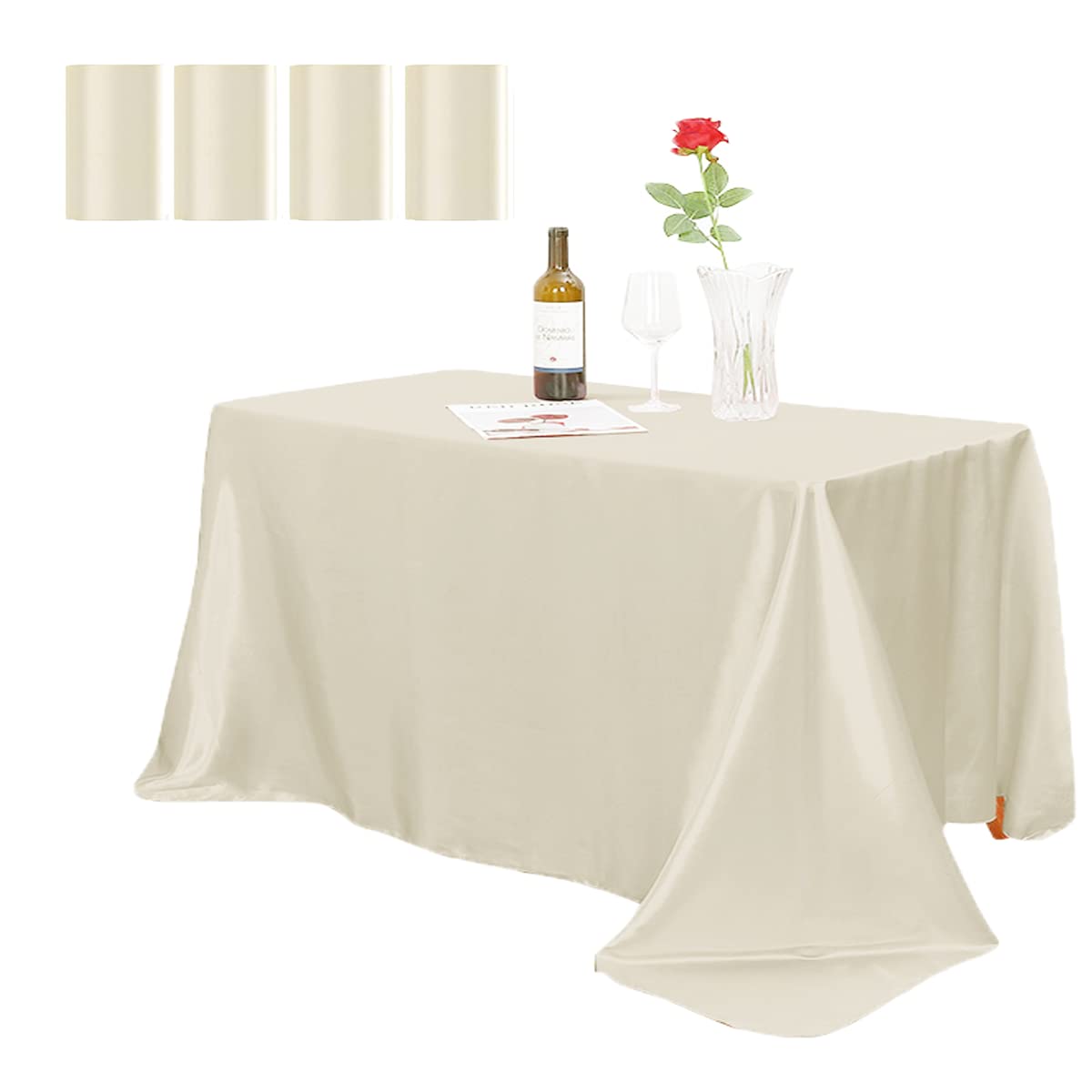 LLLCF 4 Packs Satin Tablecloth 102 x 58 Inch Overlay Satin Table Cover Rectangle Bright Silk Tablecloth Smooth Fabric Table Decoration for Wedding Banquet Party Events (Lvory)