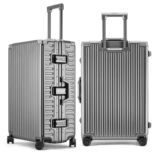 ROAMING Zipperless Luggage 28 Inch with Aluminum Frame, Checked-Large Lightweight 3-Layer PC Hard Shell Suitcase with Spinner Wheels, Metal Travel Luggage with Three TSA Locks, gray