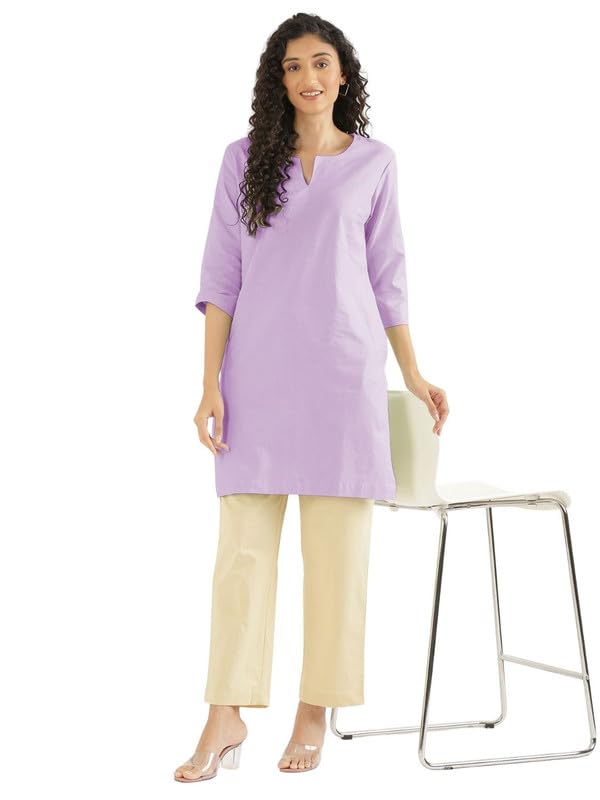 Image of SAADAA Airy Linen Mid Thigh Length Kurta for Women | Stylish Split Neck, 3 /4 Sleeves & Side Pockets | Comfortable Everyday Wear Kurta | Breathable Fabric |