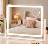 HNV 22'x17' Lighted Vanity Mirror, 3-Color Dimmable LED Makeup Mirror with Power Adapter, Sturdy Aluminum Frame 360° Rotating Desktop Mirror, White