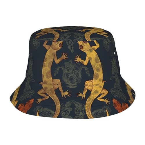 Unisex Cute Bucket Hat Summer Travel Fisherman Cap Gecko Lizards Beach Travel Sun Hat Outdoor Cap Black