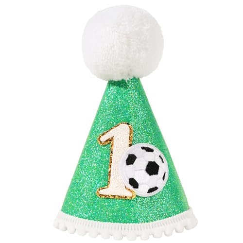 FUTNH First Birthday Football Party Hat, Glitter Green Crown with Pom Pom, 5.5 x 3.1 inches (Football)