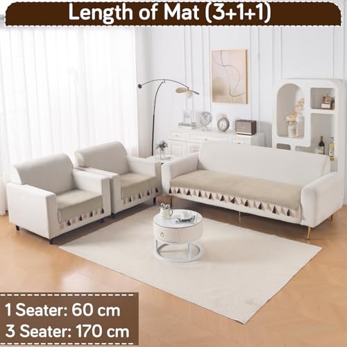 Image of HOKIPO Premium Holland Velvet Sofa Cover 5 Seater Set - Washable 3+1+1 Sofa Cover Mat with Tassel | 'TasselTone Series' | Sand Beige (IN-1108+1104-BGE*2)