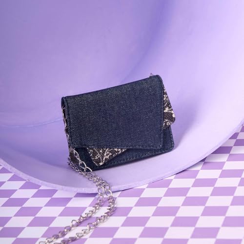 Image of ZOUK Tovi Mini Bag Wallet | Stylish Vegan Denim Crossbody Wallet for Women with Card Slots & Water-Resistant Lining | Handcrafted Small Sling Bag with Silver Chain Strap | Lattice Lace