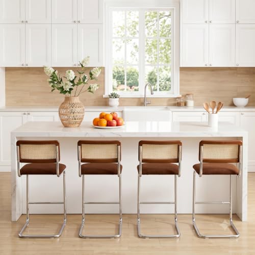 Image of Zesthouse Natural Rattan Counter Stools Set of 4, 26 inch Modern Boho Bar Stool | Mid Century Modern Barstools with Cane Mesh & Chrome Base, Vintage Chenille Fabric Counter Height Chairs for Kitchen, Brown