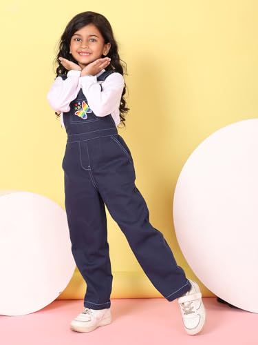 Image of superminis Girls Twill Dungaree with Full Sleeve T-Shirt Set Casual For Kids