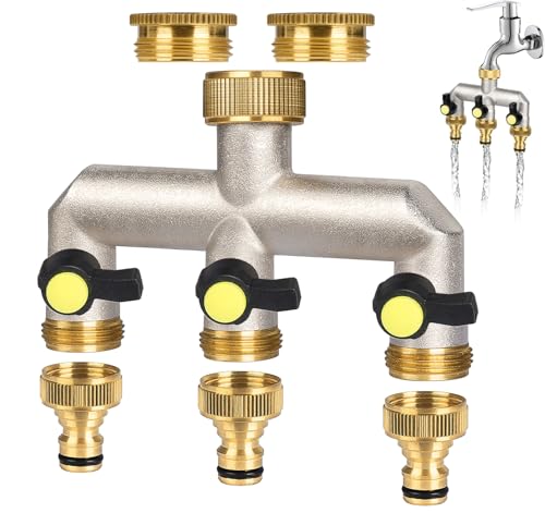 almaio Wasserverteiler 3fach, Durchflussstarker 3 Wege Verteiler Wasser, Verlängerter Griff mit 3/4' Zoll auf 1/2' Zoll Hahnanschluss, für Haus, Hof, Waschmaschine, Geschirrspüler, Gartenschläuche