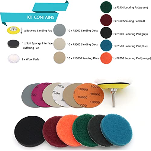 Image of 3 Inch Car Headlight Restoration Kit, Car Polishing Sanding Discs Assortment 2000 to 10000 Grit with 1 /4 Inch Shank Backing Pad, Scouring Pads, Soft Interface Pad, Woolen Buffer Pads, 39PCS