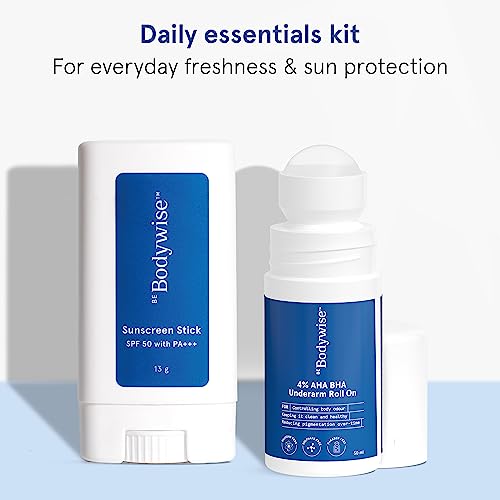 Image of Be Bodywise Spf 50 Sunscreen Stick With Pa+++ (13G) & 4% Aha Bha Underarm Roll On (50Ml), With Vit E, Centella, Alpha Arbutin, Reduces Body Odor, Pigmentation, Tan & Sunburns - All