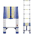FEETE 12.5FT Aluminum Extension Ladder, Telescoping Ladder w/Triangle Stabilizers and Non-Slip Feet, 330lbs Capacity Lightweight Retractable Ladder for Work, RV and Outdoor Blue