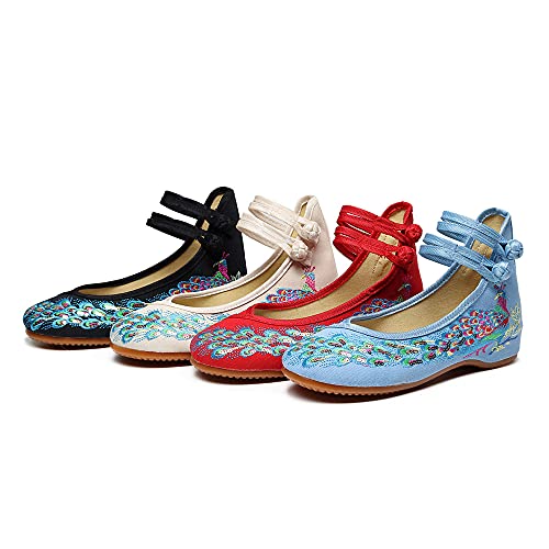 Bininbox Womens Chinese Traditional Embroidery Flats Cheongsam Walking Mary Jane Shoes Handmade Flower Embroidered Shoes(9 B(M) Us,Black) #TOP5