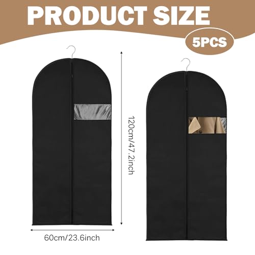 5 Stück Kleidersack 120 x 60 cm, Atmungsaktive Anzugtasche Kleidersäcke mit Reißverschluss Faltbare Kleiderhülle Verdickte Staubschutzhülle für Anzüge Mäntel Abendkleider(Schwarz)