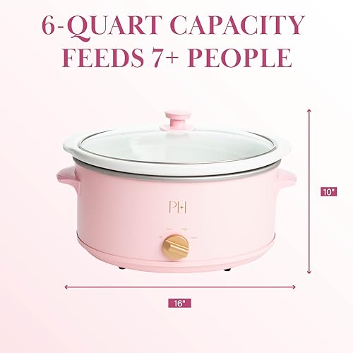 Paris Hilton 6-Quart Manual Slow Cooker, Features Three Settings (Low, High, Warm), Naturally Nonstick and Dishwasher Safe Stoneware Insert, Family Sized Capacity, Pink