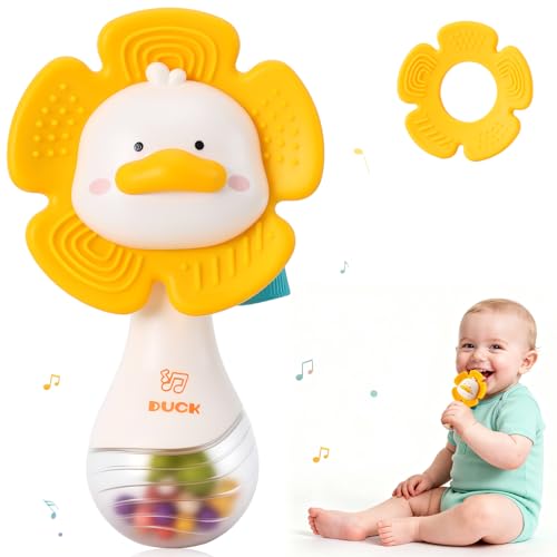 QASUN Baby Gifts Girls Boys, Teething Rattle Baby Toys 0-6 Months, Sensory Musical Toys 6-12 Months, Duck Teether Rattle, New Born Essentials Hanging Pram Toy