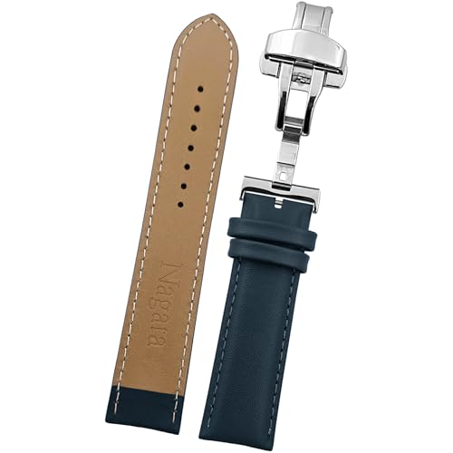 DBLACK ''NAGATA3'' Leather Watch Strap with Butterfly Lock, Minimalist Design Watch Belt // For 18mm, 20mm, 22mm, or 24mm Watch Band (Choose Your Size & Color) (Blue, 22mm / Silver)