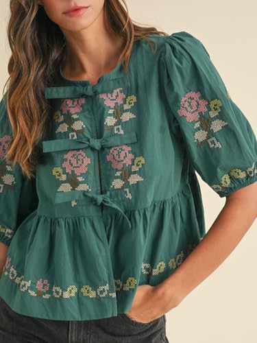 Womens Short Puff Sleeve Floral Embroidery Poplin Front Self Tie Detail Peplum Top Blouse4