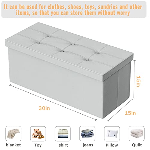 Dywmm Folding Storage Ottoman -30 Inches Long Shoes Bench Linen Fabric Foot Rest Stool With Padded Seat Deep Storage Ottoman Bench For Living Room And Bedroom 30X15 X15 Inch Light Grey #TOP5