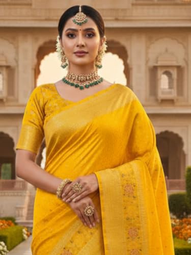 Image of Kanjivaram Silk Saree for Women - Handloom Floral Weaving, Contrast Border, Heavy Gold Zari Rich Pallu, Traditional Designer Wedding & Festive Saree with Blouse Piece