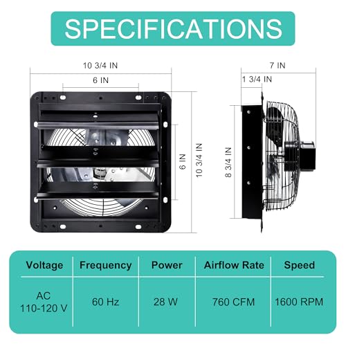 Hipoilk 7 Inch Shutter Exhaust Fan for Greenhouse, Shed, Garage, Barn, Chicken Coop Ventilation, Wall Mount Attic Fan with Speed Controller and Power Cord, 760 CFM, Black
