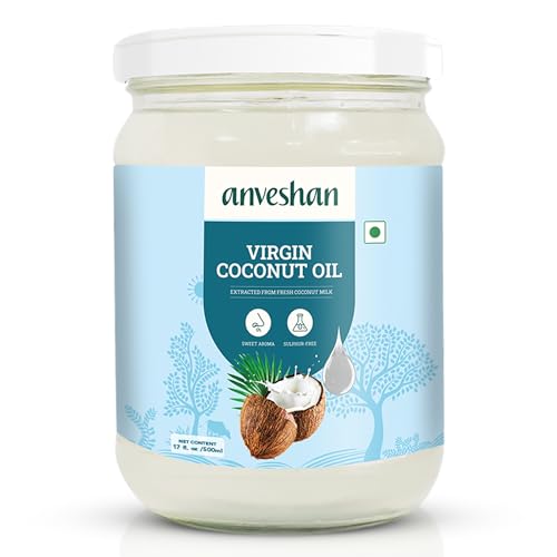Image of Anveshan Cold Pressed Virgin Coconut Oil 500ML | Glass Jar | Unrefined Cold Pressed Virgin Coconut Oil, Naturally Cholesterol Free, Kolhu /Kacchi Ghani /Mara Chekku /Ganuga, Rich Aroma & Flavour of Real Coconuts, A1 Grade Coconuts