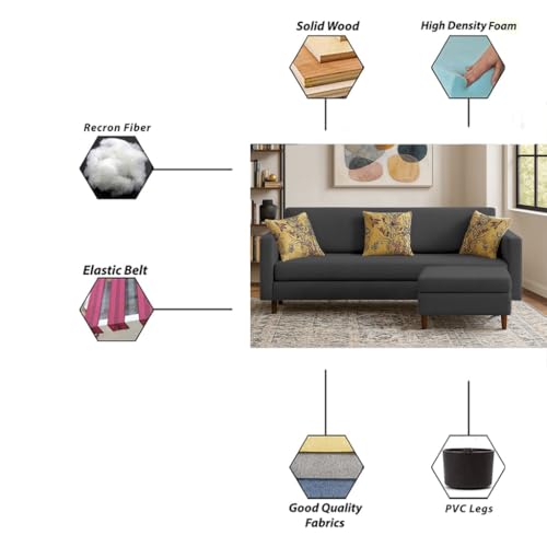 Image of Casaliving Premium Lifestyle Fabric 4 Seater L Shape Sofa Set 3 Seater Modern Sofa Set & Ottoman for Living Room (Black Color)