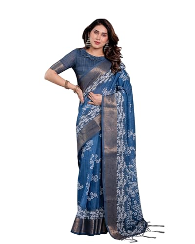 Image of ALMAARI FASHION Handloom Cotton Linen Saree for Women with Floral Printed Design and Tassel Pallu, Traditional Ethnic Lightweight Saree for Daily Office Festive with Blouse Piece