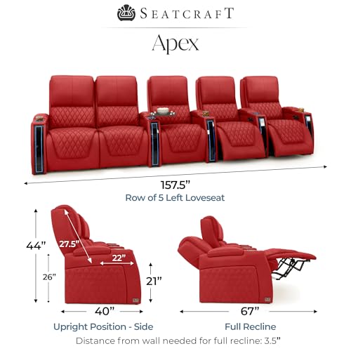 Image of Seatcraft Apex Red Italian Leather Home Theater Seating, Zero Gravity Power Recliner Chair, Powered Headrest and Lumbar Gaming and Lounge Sofa Furniture for Cinema Room, Row of 5 Left Loveseats