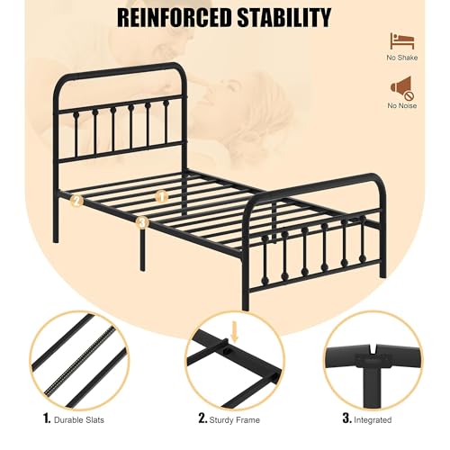 Image of Shintenchi Twin Size Metal Platform Bed Frame with Headboard & Footboard, Steel Slat Mattress Foundation, Under Bed Storage, Noise-Free, No Box Spring Needed, Black Round