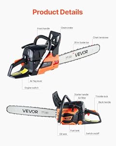 VEVOR 20inch 62CC Gas Powered Chainsaw, 3.8 HP 2 Stroke Engine Gas Power Chainsaws with Non-Slip Handle, Gas Chainsaws with Dual Fuel Tanks, For Wood Cutting, Tree Trimming, and Land Clearing — photo 3 of 6