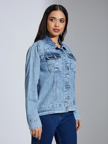 Image of Miss Chase Women's Polo Neck Full Sleeves Patch Pocket Denim Overcoat Knee-Length Jacket