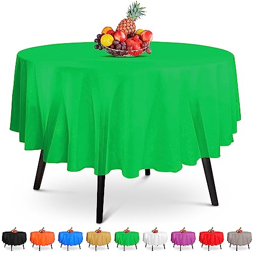 5 Pack Premium Round Green Plastic Tablecloth - 84 x 84 in. Disposable Round Plastic Table Cloth - Decorative Round Table Cover Smooth Table Cover - Disposable Table Cloths For Parties, Weddings