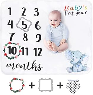sunvito Baby Milestone Blanket, Large Baby Monthly Blanket for Baby Boy Girl, Newborn Soft Flannel Baby Swaddle Blanket, Elephant Blanket First Year Calendar Growth Chart with Wreath Frame 47''x 40''