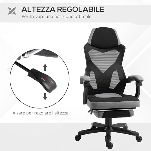 Sedia da Ufficio Ergonomica con Poggiapiedi Retrattile e Schienale Alto, Sedia da Scrivania Girevole Reclinabile con Supporto Lombare, Altezza Regolabile, in Tessuto a Rete, Grigio - Sedia gaming - Immagine 3