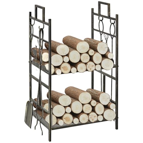 Outsunny Soporte para Leña de Metal de 2 Niveles Estante para Leña con 4 Herramientas y Asas para Chimenea para Interior y Exterior 51,5x33x77 cm Negro Dorado